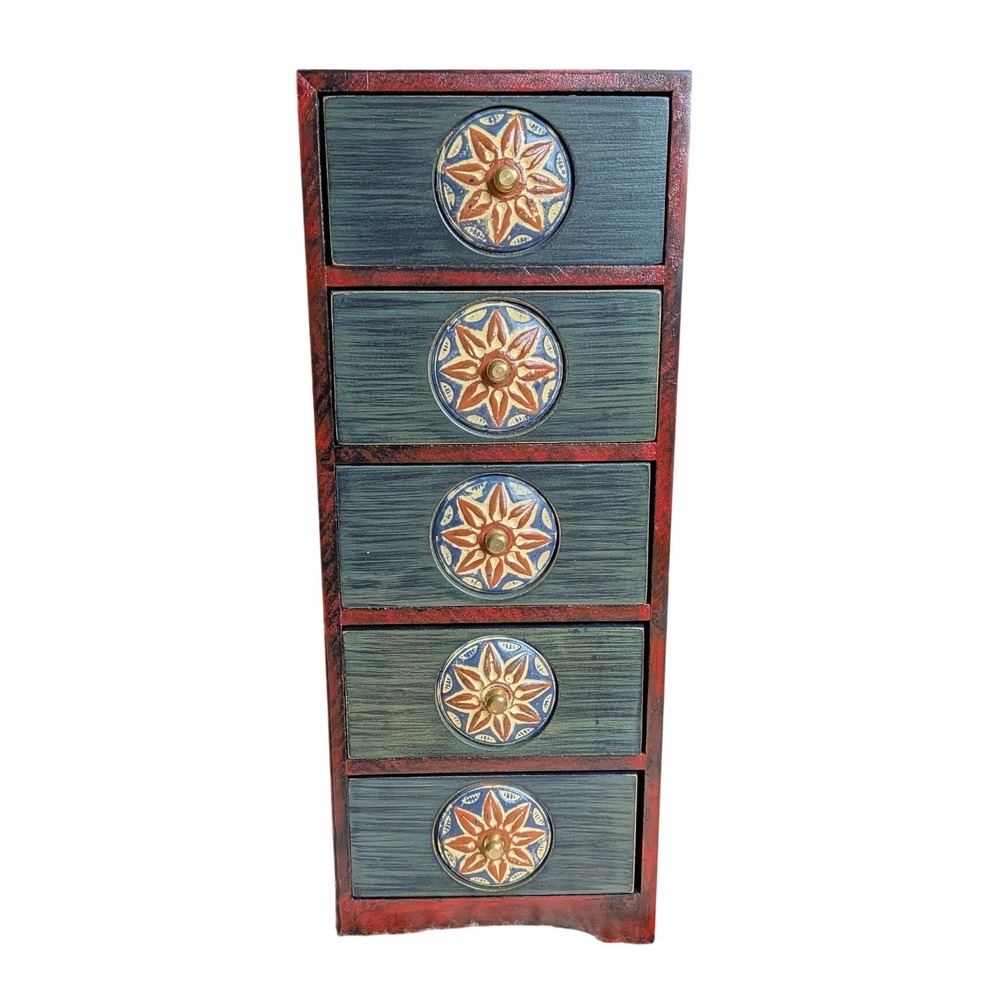 Vintage Pier 1 Tabletop Cabinet 5 Drawer Wood Mini Chest Red Green Hand Painted